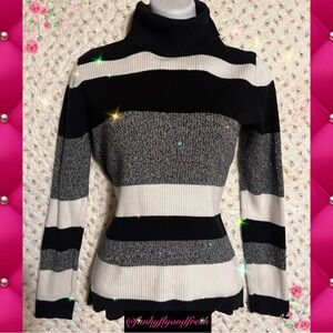 LizWear black white & gray striped ribbed turtleneck long sleeved sweater Sz m